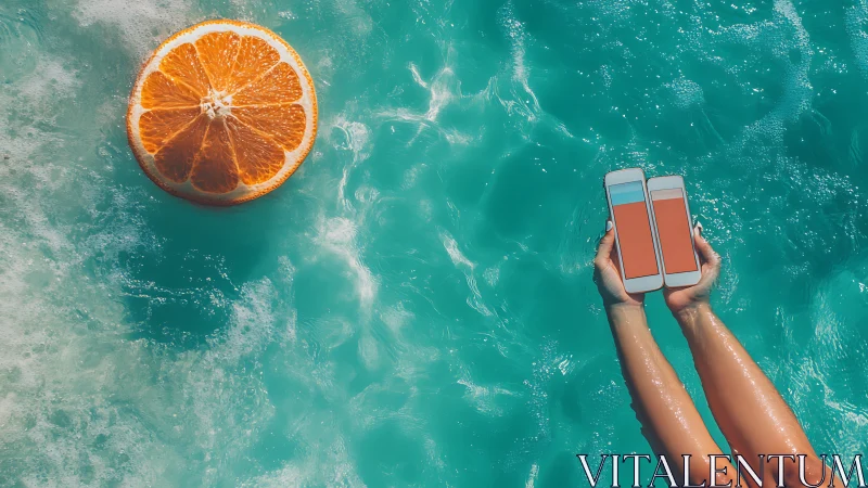 Overhead pool scene with floating orange slice and smartphones.