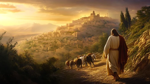 Shepherd in golden light guiding animals toward hilltop city.