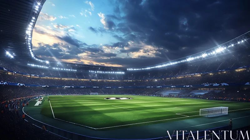 Floodlit football stadium shows green pitch before kickoff