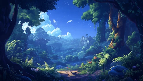 Enchanted Forest Sanctuary with Glowing Sky and Distant Castle