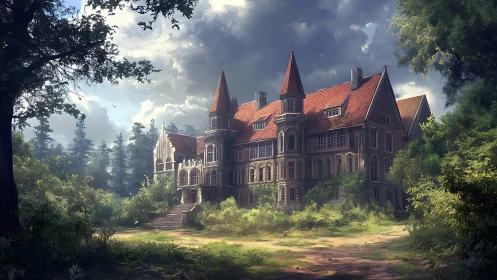 Neo-Gothic manor with red gabled roofs in overgrown forest clearing