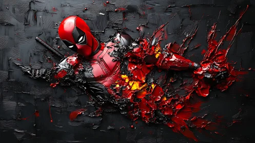 Red costumed figure fragmented in abstract textured field.