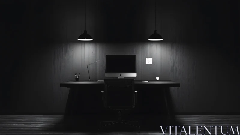 Monochrome workstation is illuminated by two pendant lamps