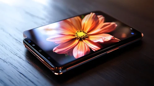 Luminous flower on a sleek smartphone screen at rest.