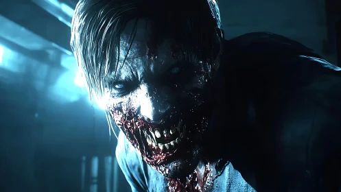 Cinematic close-up of decayed zombie head under harsh blue light