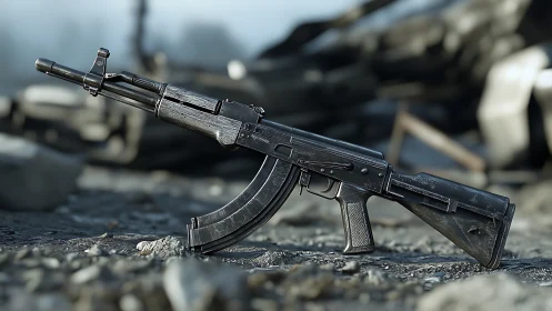 Weathered tactical assault rifle rendered on debris ground