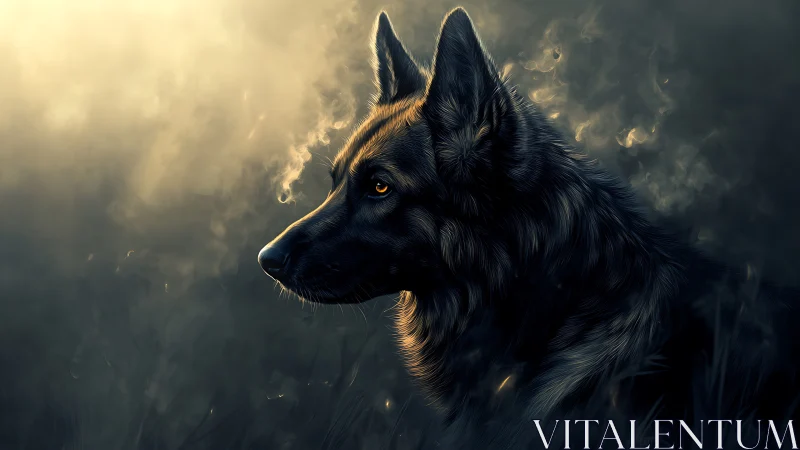Lone shepherd dog gazes into glowing misty morning light