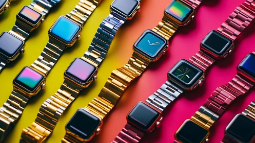 Colorful smartwatches line up in a playful rainbow parade