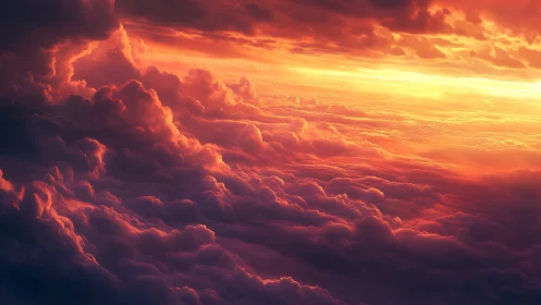 Layered cumuliform cloudscape is illuminated by low sunlight