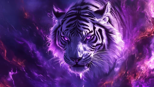 Starlit tiger prowling through glowing violet flames.