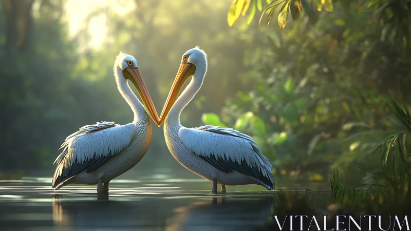 Two White Pelicans in Lush Jungle Pond, Soft Morning Light.