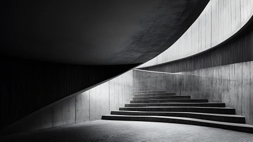 Curved concrete stairwell quietly carves daylight from shadow