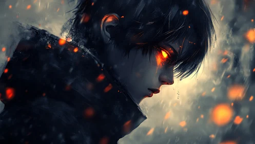 Smoldering gaze of a lone warrior in drifting embers.