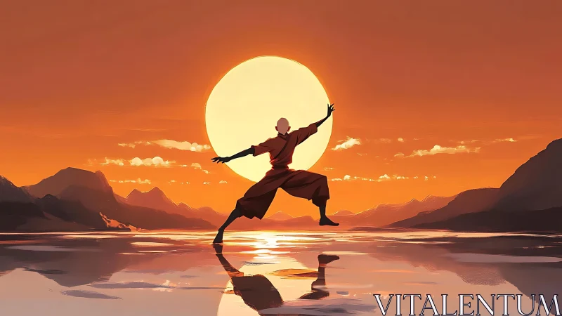 Martial silhouette balancing against solar disc horizon line.