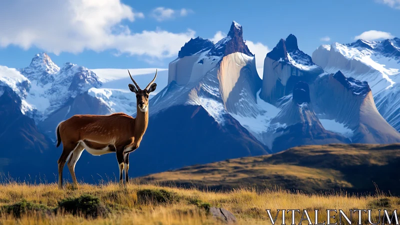 Guanaco stands before jagged snowcapped Patagonian peaks.