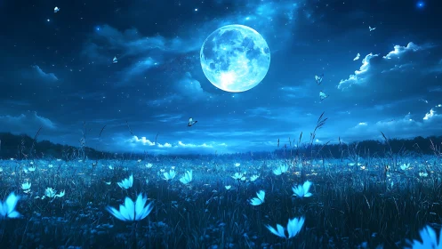 Moonlit wildflower meadow glowing with soft dreamy magic.