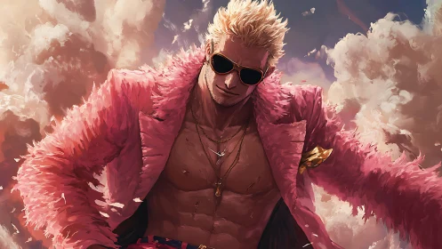 Confident blonde man in pink coat against clouded sky.