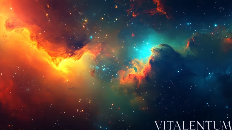 Cosmic clouds of fire and teal drifting through deep night.