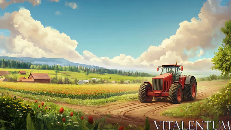 Red tractor roaming sunny flower fields and quiet barns.