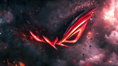 Flaming red emblem cuts through stormy cosmic clouds with power