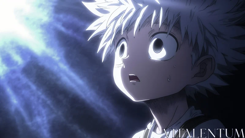 Wide-eyed anime boy gazes toward glowing light in awe