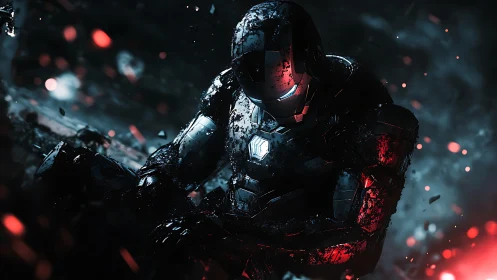Battle damaged armored figure kneels in glowing debris field