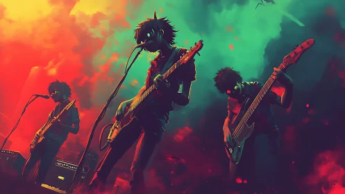 Neon-eyed garage band shredding under toxic sunset skies.