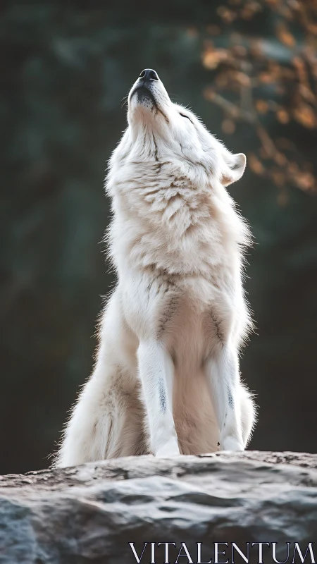 White wolf on rock with head raised in soft forest light.