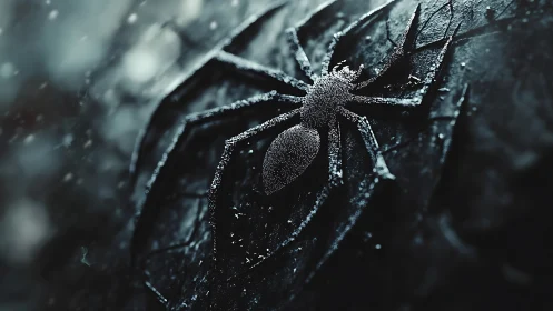Macro render of frost-coated spider emblem on dark stone