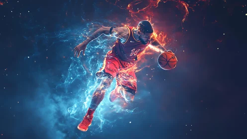 Dynamic basketball player drives ball through fire and ice energy