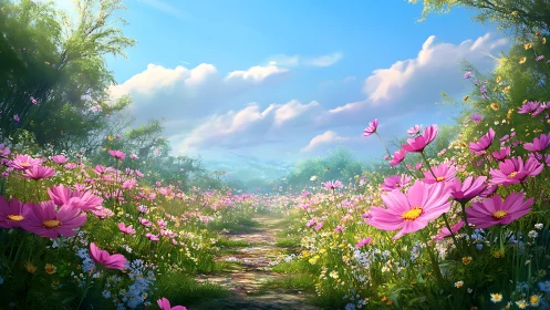 Spectral depth rendering of sunlit wildflower corridor.