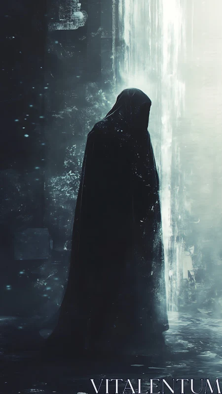 Hooded wanderer stands before a blinding spectral gateway