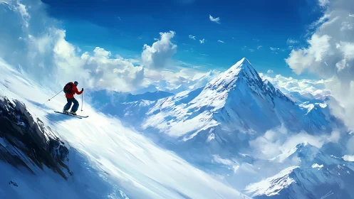 Skier tracing bold lines across a sunlit alpine giant.