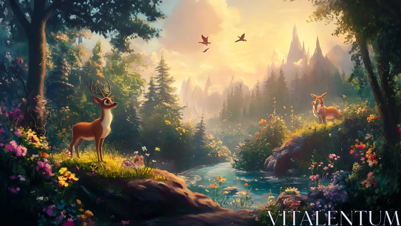 Whimsical Deer in Enchanted Forest at Sunrise, Digital Fantasy Art.