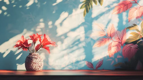 Red Flowers in Textured Vase Against Dappled Sky.