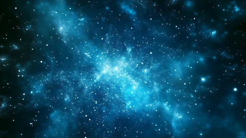 Radiant blue nebula glows amid countless distant stars.
