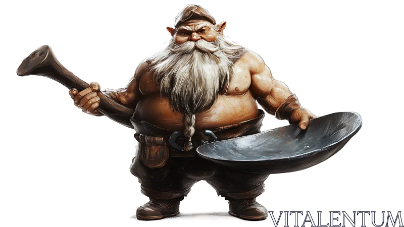 Stout dwarf warrior holds horn and shield, detailed render.