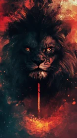 Digital painting of infernal lion portrait with fiery symmetry.