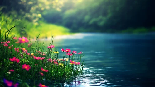 Wildflowers grow beside calm river under soft daylight