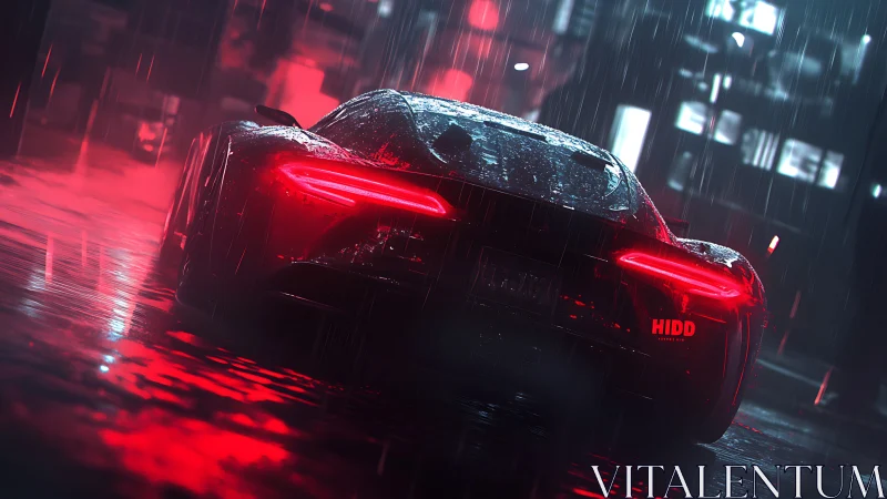 Sleek red supercar glowing through neon city rainstorm.