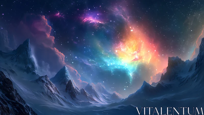 Starlit ice peaks beneath a swirling rainbow nebula sky.