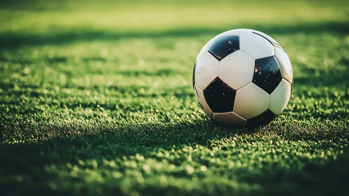Classic truncated icosahedron football on sunlit turf field.