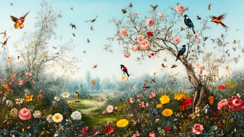 Birds and blossoms fill a luminous spring meadow in bloom