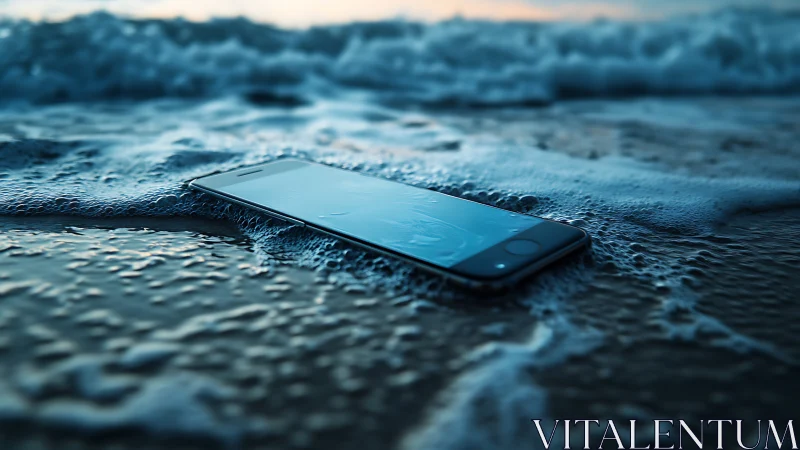 Smartphone submerged in surf under low-light seascape lighting