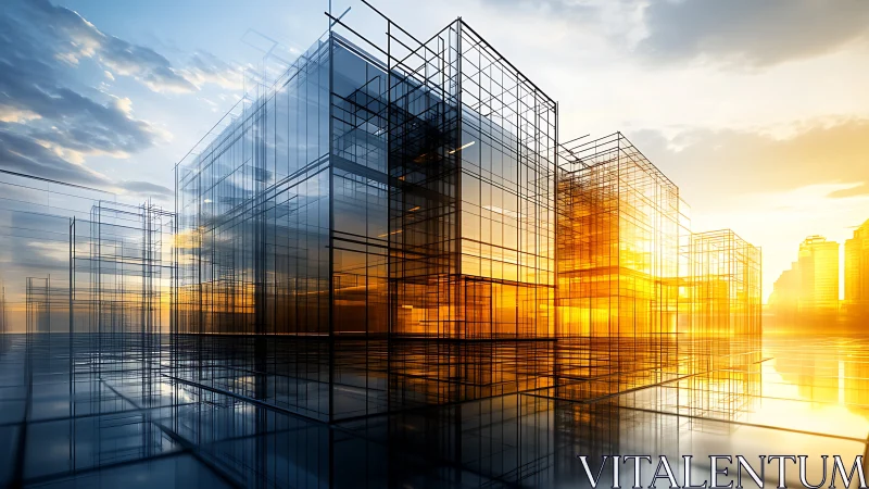 3D Architectural Wireframe Structures at Sunset with Reflections