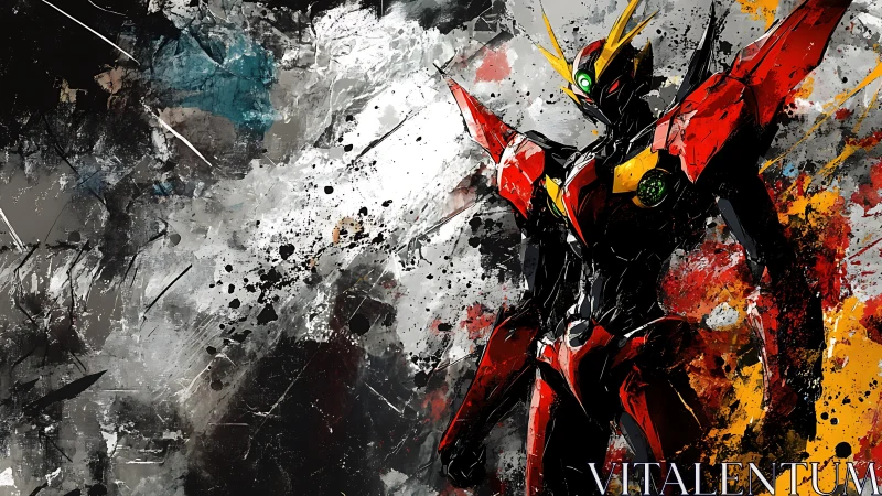 Mecha robot stands amid chaotic abstract paint splashes