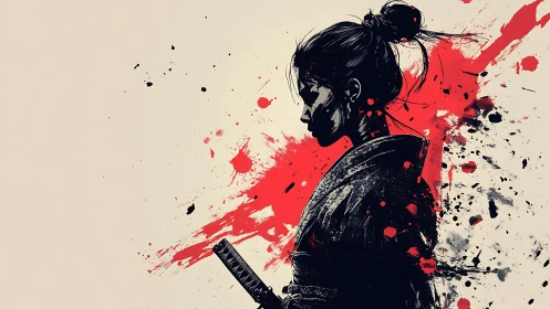 Samurai woman silhouette against bold red splashes.