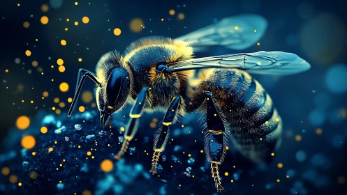 Close-up digital bee on glittering surface in blue light.