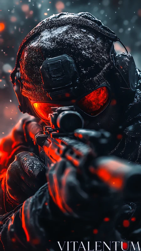 Tactical sniper operative in red-ice illumination, frontal aim.