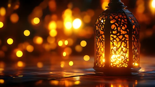 Ornate metal lantern glowing with warm bokeh lights.